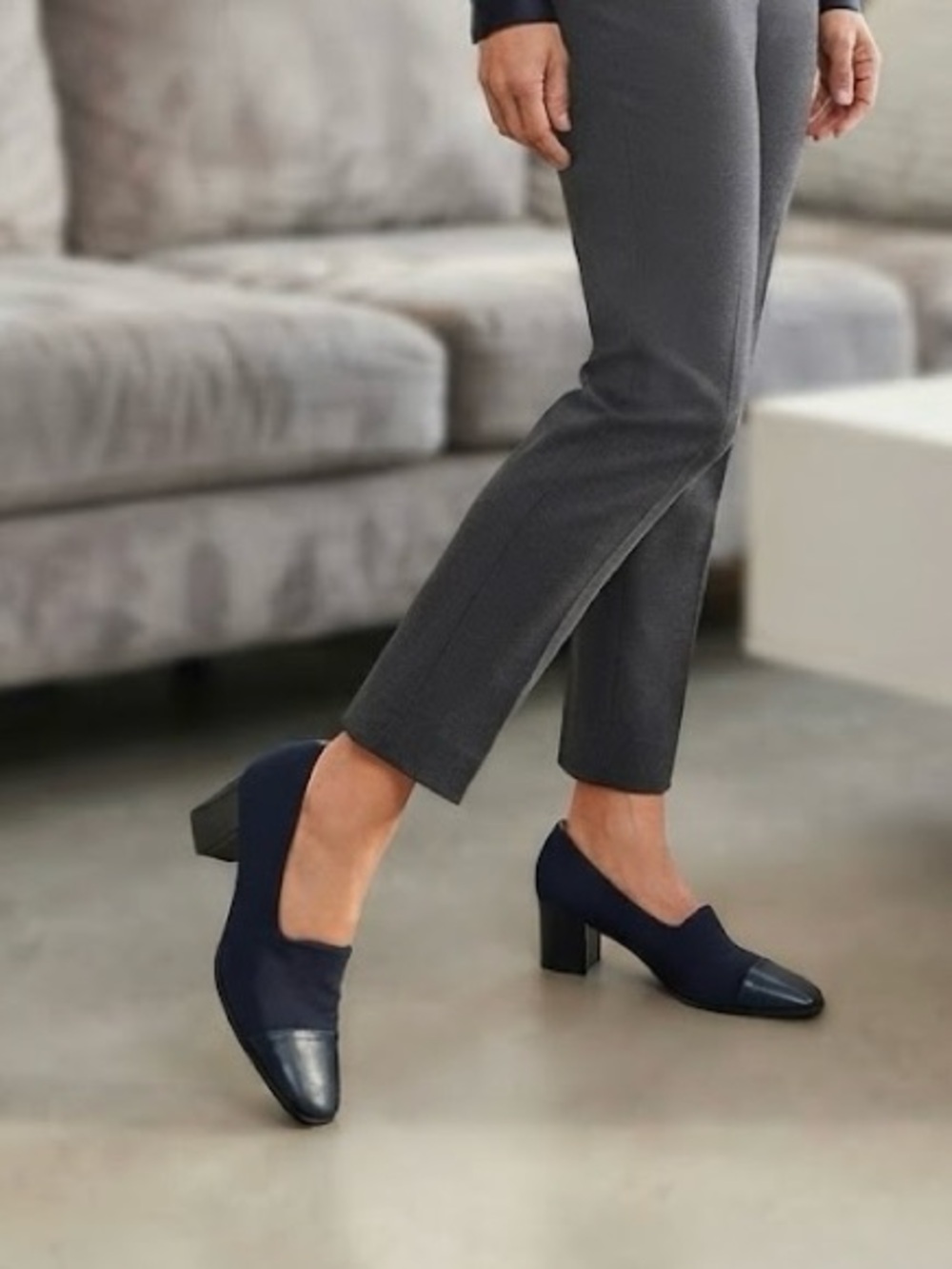 Amalfi Italy Dark Navy Blue Two Tone Leather Material Block-Heel Pumps Classic